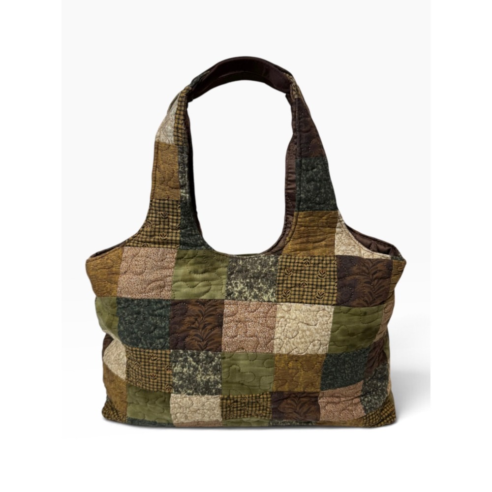 Donna Sharp Quilted Patchwork Shoulder Bag Earth Tone Green Brown Hobo Tote